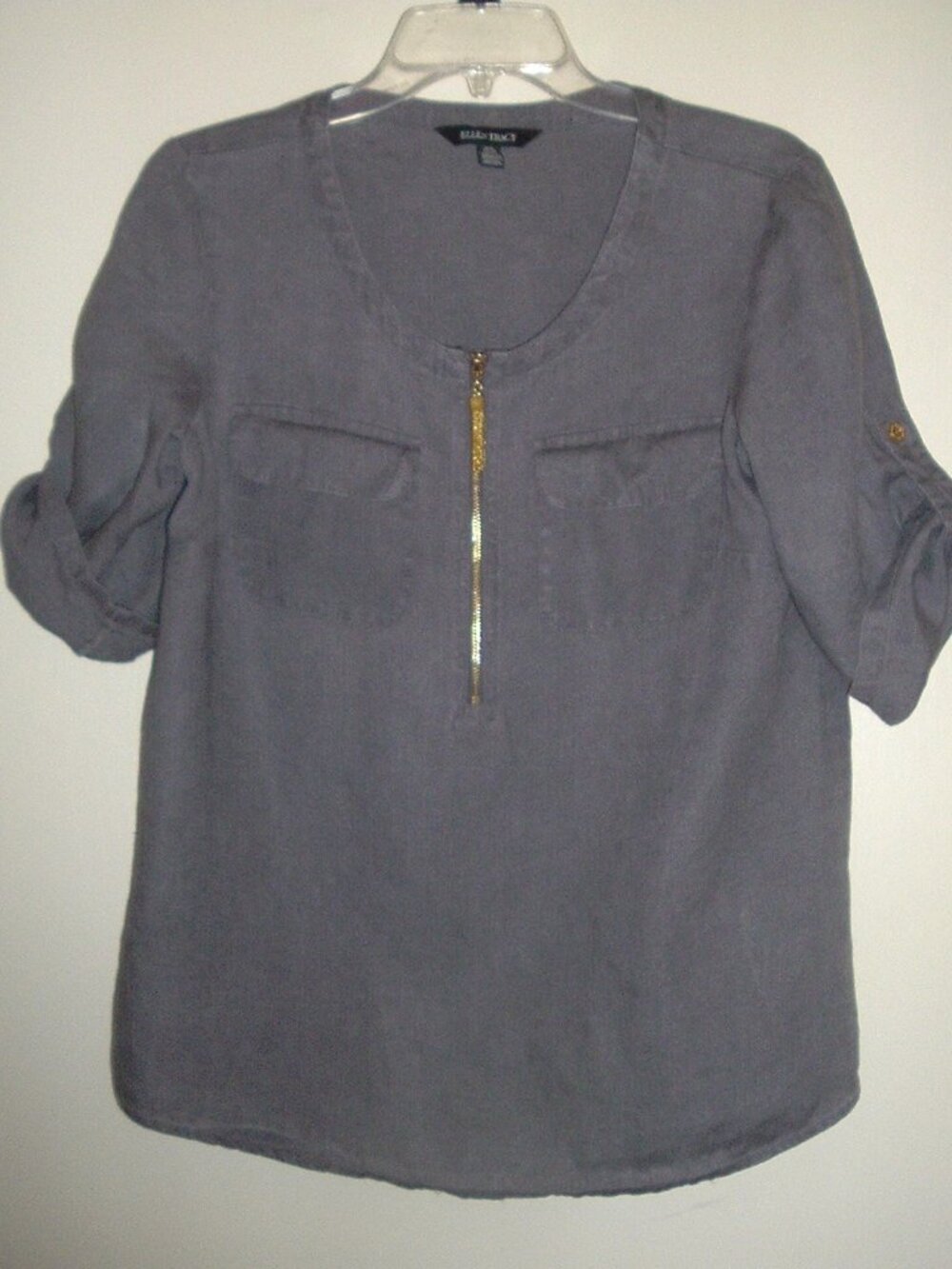 Linen Top Lagenlook Peasant Blouse Gray 3/4 Roll Sleeve Pockets Zip Ellen Tracy